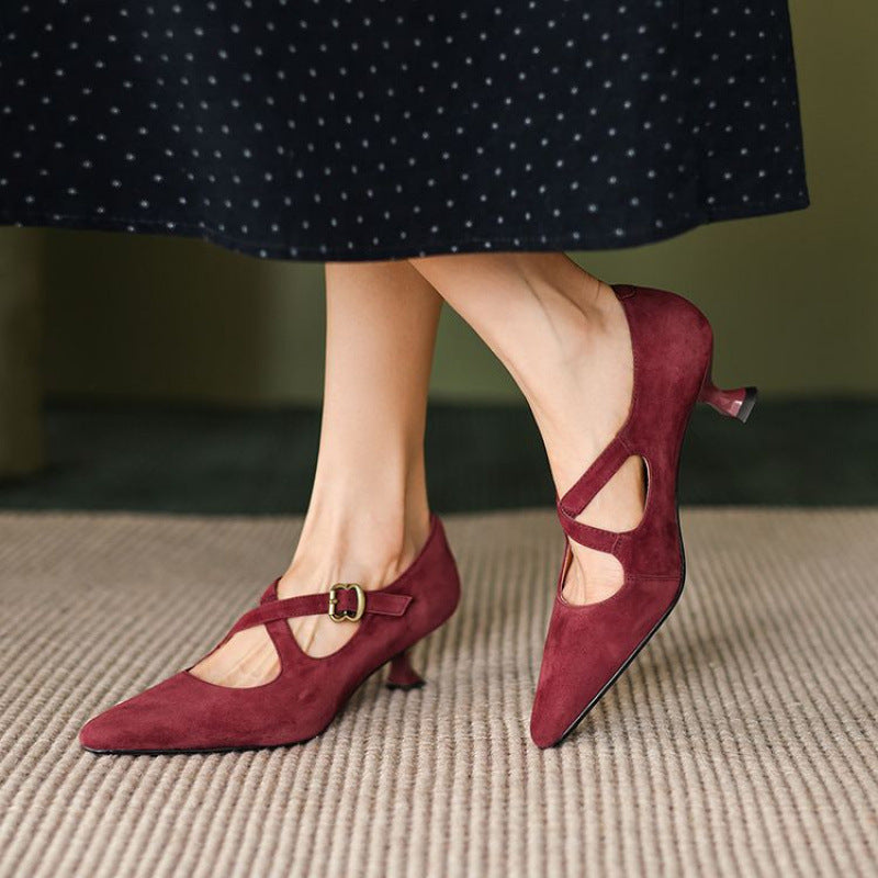 Women's Elegant Mid-Heel Stiletto Pointed-Toe Mary Jane Shoes | Slip-On Dress Shoes
