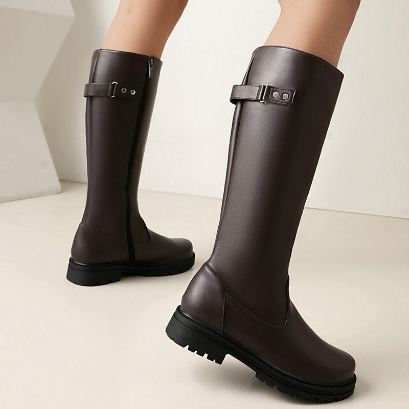 Women's Retro British-Style Chunky Heel Riding Boots | Belt Buckle Side Zipper | Black Brown