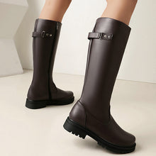 Load image into Gallery viewer, Women's Retro British-Style Chunky Heel Riding Boots | Belt Buckle Side Zipper | Black Brown