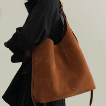 Load image into Gallery viewer, Women's Suede Bucket Shoulder Bag – Genuine Leather Drop-Ear Handbag with Patchwork Detail