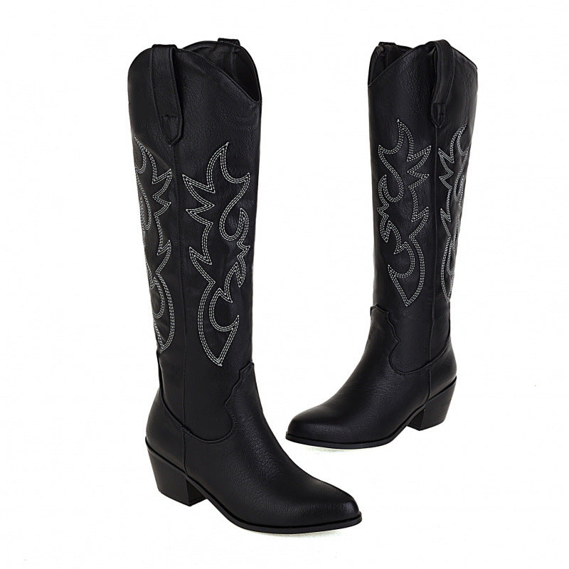Women's Western Cowboy Embroidered High-Heel Boots – Chunky Heel Slip-On
