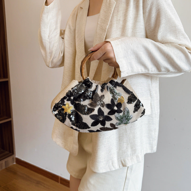 Bamboo Handle Tote Bag for Women - Shell Shape Shoulder Bag with Polyester Lining