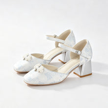 Load image into Gallery viewer, Women's Jacquard Platform Heels | Pearl Bow Square-Toe Chunky Heel Shoes