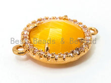 Load image into Gallery viewer, Round Bezel Connector with Cat's Eye Stone, Gold Plated CZ Micro Pave Frame Connector, Cat's Eye /Topaz /White/Rose pink 14x19mm, sku#A77