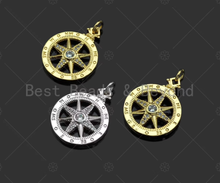 Load image into Gallery viewer, CZ Micro Pave Compass Star On Round Coin Pendant/Charm, Compass Star Cubic Zirconia Charm,Necklace Bracelet Charm Pendant,18x27mm,sku#L434