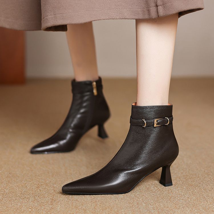 Women's All-Leather Stiletto Heel Boots | Sheepskin Upper Pointed Toe Side Buckle Retro High Heels