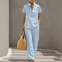 Load image into Gallery viewer, Cardigan &amp; Short Sleeve Top + Pants Three-Piece Set – Solid Color Casual Lounge
