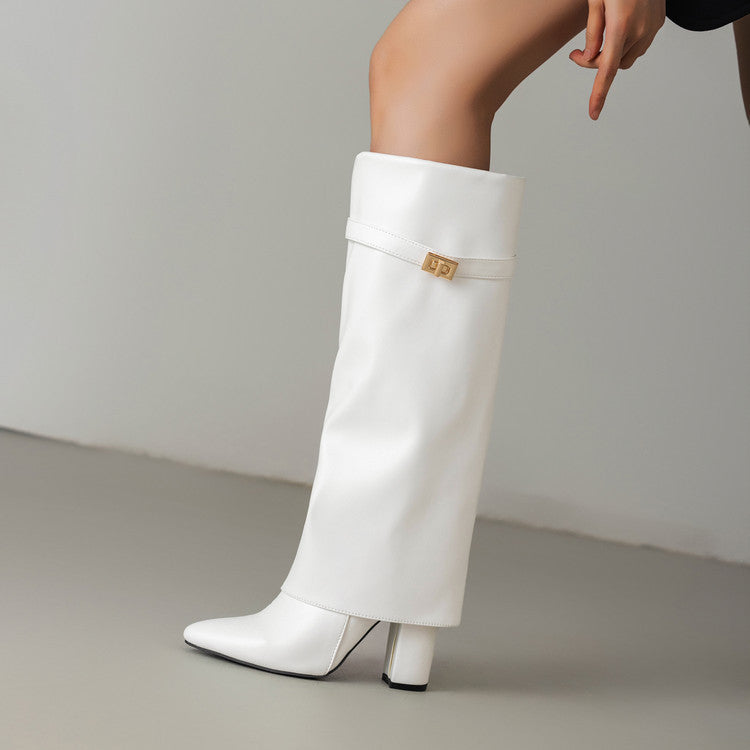 Women's Pointed-Toe High-Shaft Mid-Calf Boots with Metal Buckles | Chunky Heel Side Zipper