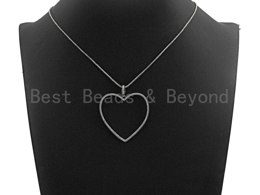 Rhidium CZ Micro Pave Large Hollow out Heart Pendant, Oxidized Silver Pave Pendant, Antique Silver Fashion Jewelry Findings, 43mm, sku#X118