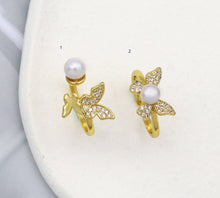 Load image into Gallery viewer, CZ Pave Gold Butterfly Pearl Adjustable Ring, Sku#LD310