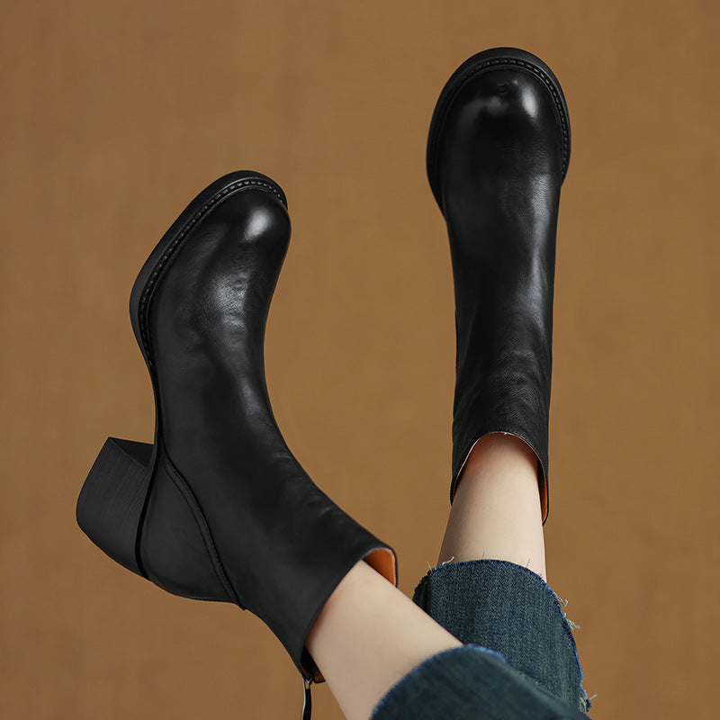 Women's Retro Pointed-Toe Ankle Boots | Chunky Heel Back Zipper Sheepskin