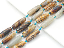 Load image into Gallery viewer, Natural Blue Brown Tibetan Agate Barrel Smooth Agate, 14x40mm Focal Beads, Sku#U1439