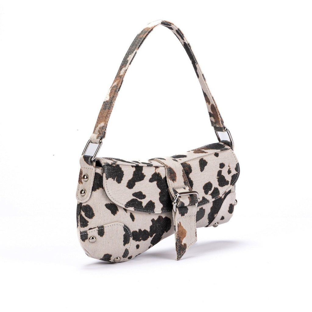 Leopard Print Underarm Bag - Distressed Canvas Shoulder Bag for Women