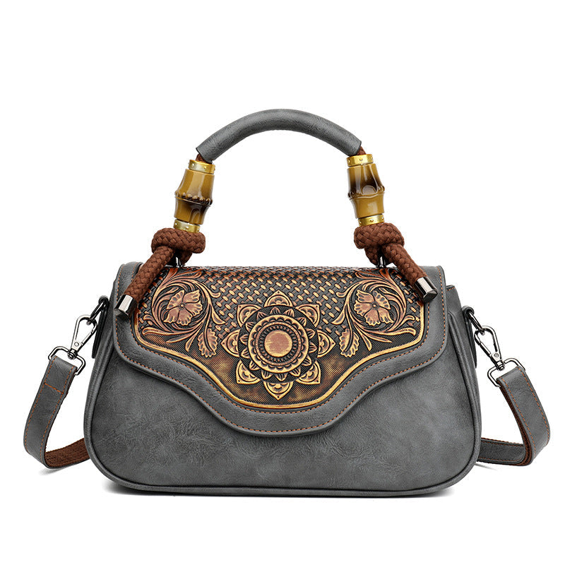 Handcrafted Leather-Embossed Retro Crossbody Bag - Floral Design Women's Shoulder Bag