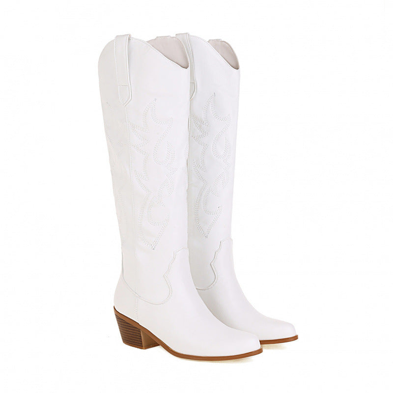 Women's Western Cowboy Embroidered High-Heel Boots – Chunky Heel Slip-On