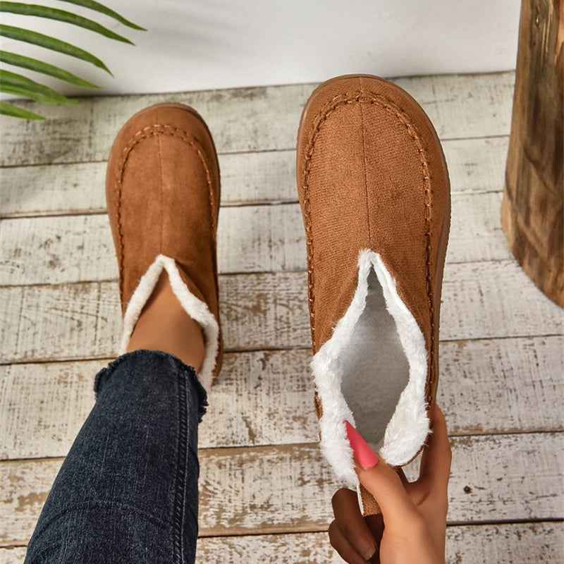 Women's V-Cut Plush Ankle Boots | Winter Warm Flat Snow Boots | Suede Faux Fur Lined