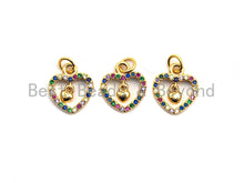 Load image into Gallery viewer, CZ Colorful Micro Pave Hollow Heart With Little Dangle Heart Pendant, Heart Shaped Pave Pendant, Gold plated, 12x14mm, Sku#F826