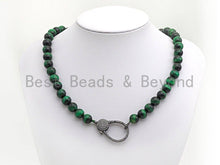 Load image into Gallery viewer, Green Tiger Eye Attachment Necklace with Large CZ Pave Gunmetal clasp, 18 long, sku#D37