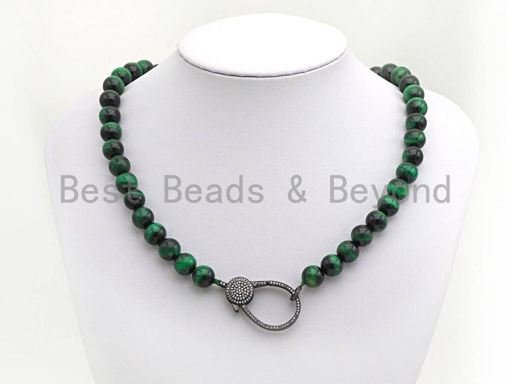 Green Tiger Eye Attachment Necklace with Large CZ Pave Gunmetal clasp, 18 long, sku#D37