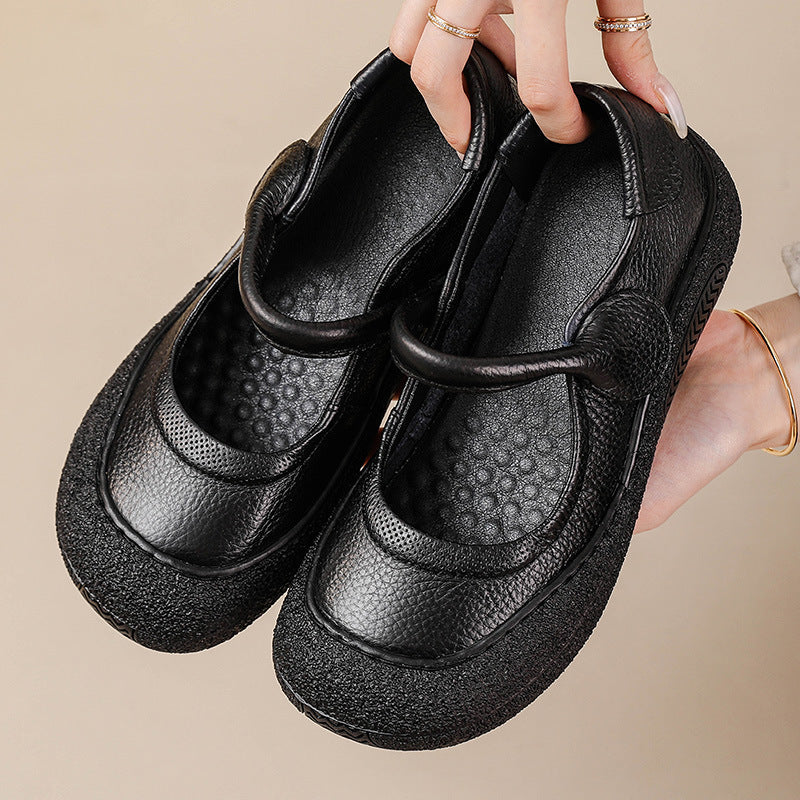 Women's Retro Flat Round-Toe Velcro Shoes – Genuine Leather | Black, Brown, Khaki