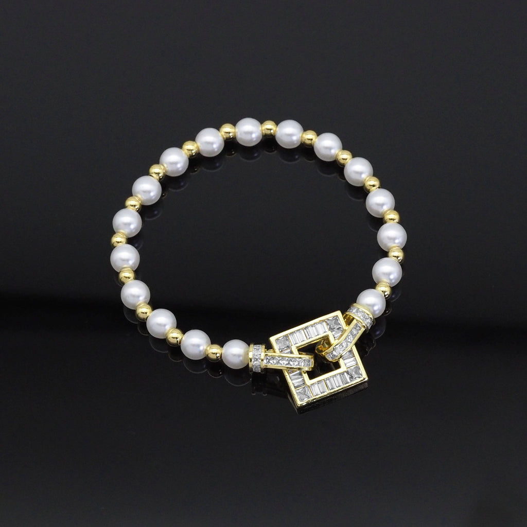 Pearl Gold Spacer Square Clasp Bracelet , Sku#LD475C