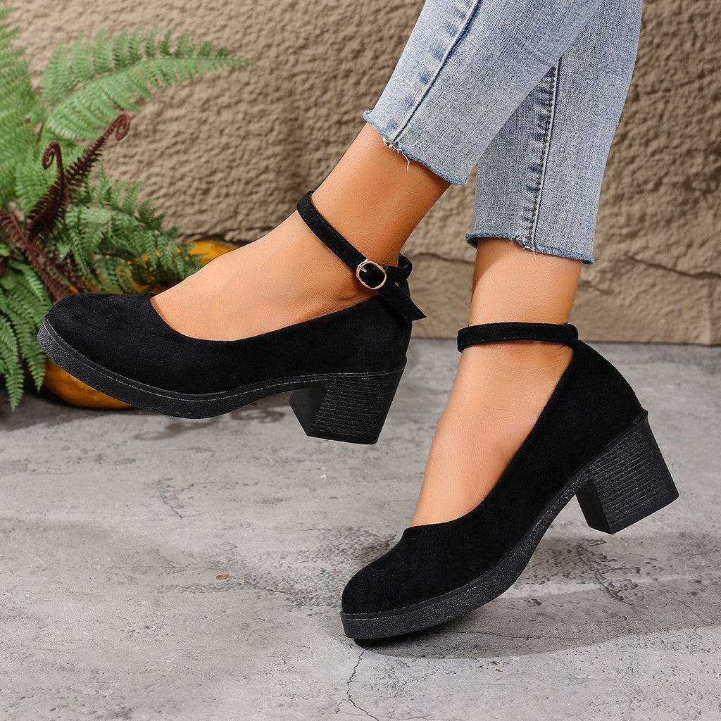 Women's Chunky Heel Suede Mary Jane Shoes - Round Toe Buckle Strap Block Heel Comfort Pumps