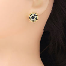 Load image into Gallery viewer, CZ Black Enamel Star On Round Stud Earrings, Sku#A396