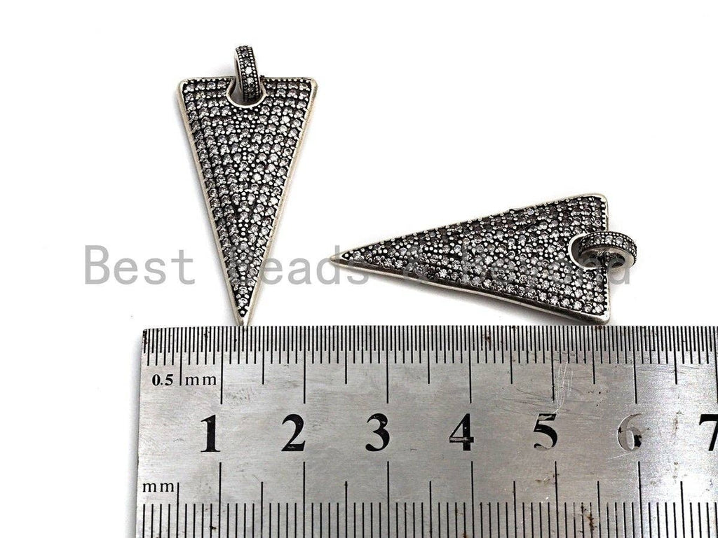 CZ Micro Pave Triangle Shape Pendant, Antique Silver Tone, Cubic Zirconia Pave Triangle Pendant, 18x35mm,sku#F1026