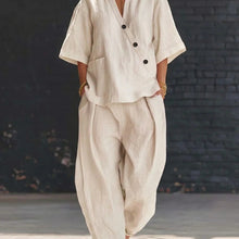 Load image into Gallery viewer, V-Neck Short Sleeve Top &amp; High-Waist Trousers Two-Piece Set