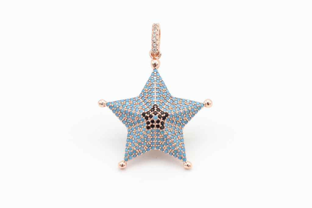 CZ Micro Pave 28x36mm Turquoise Star Pendant/Charm, Cubic Zirconia Pendant/Charm for Necklace Bracelet, Fashion Jewelry Findings, sku#F5