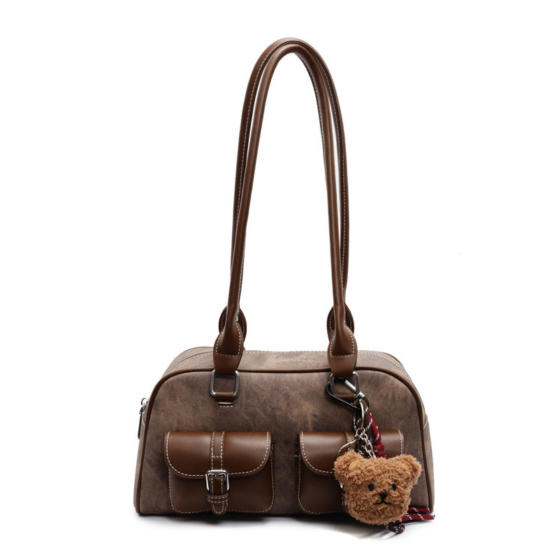 Retro Color-Block Boston Handbag | Chic PU Leather Crossbody Bag for Women | Sarah Express
