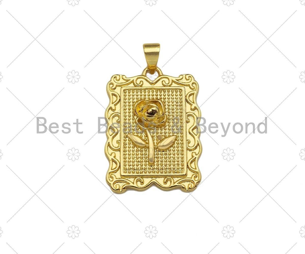 18K Dainty Gold Rose Flower Rectangle Charm, sku#LK231