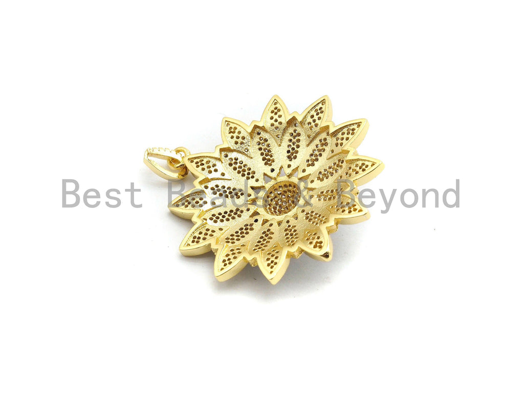 40mm Dual Color Cz Micro Pave Flower Pendant, Cubic Zirconia Pave Floral Pendant in Gold/Rose Gold/Black/Sliver Finish,sku#F662