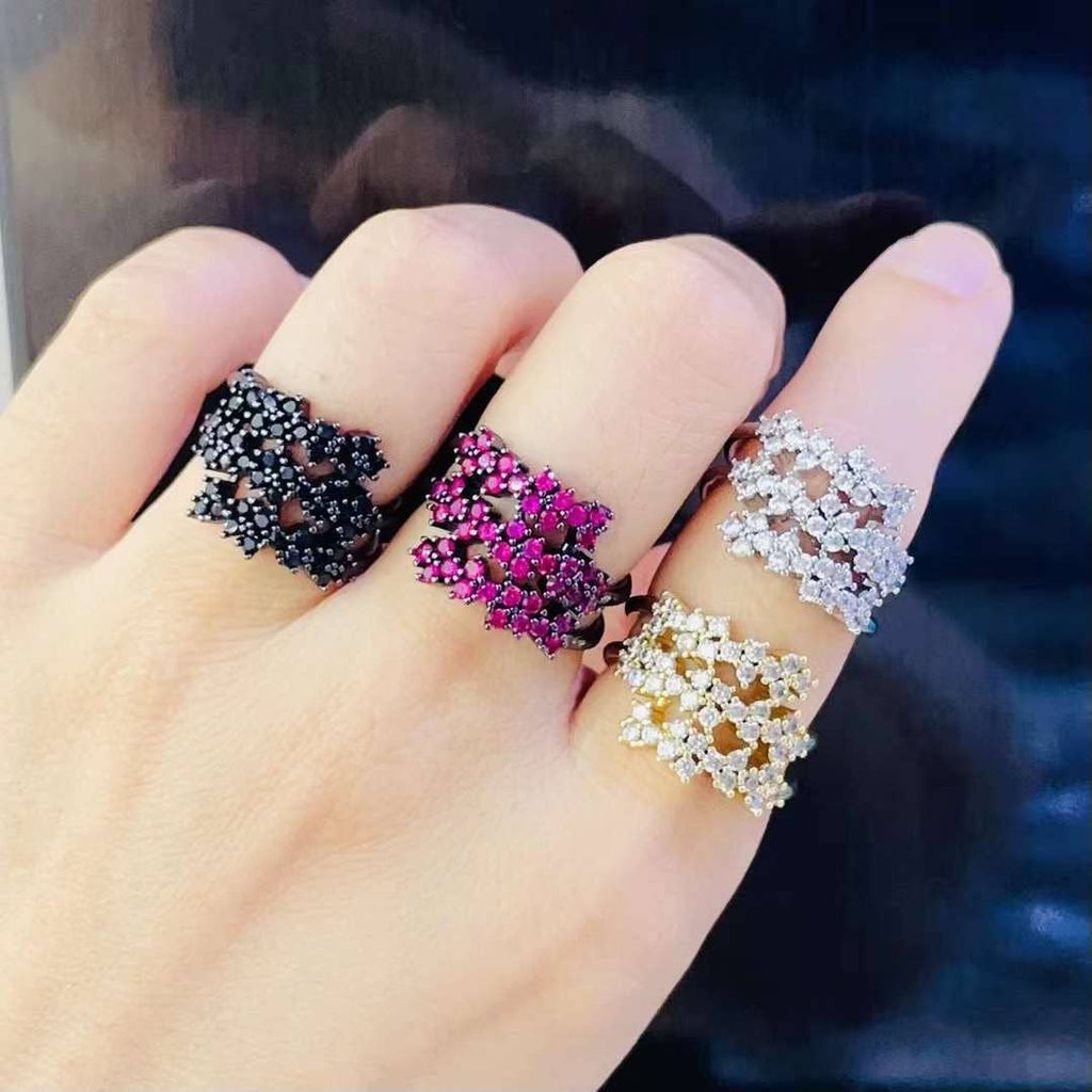 Black Pink Clear CZ Multilines Flower Adjustable Ring, Sku#A284
