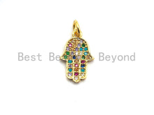 Load image into Gallery viewer, CZ Colorful Micro Pave Hamsa Hand Pendant, Hamsa Hand Shaped Pave Pendant, Gold plated, 10x16mm, Sku#F734