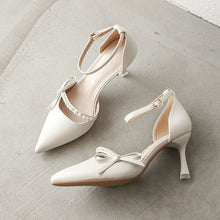 Load image into Gallery viewer, Women's Pointed-Toe Stiletto Pumps | Leather Strap Heels in Off-White &amp; Emerald Green
