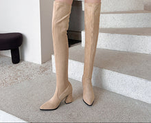 Load image into Gallery viewer, Women's Suede High Heel Boots Pointed Toe Chunky Heel Denim Strap Buckle | Black Beige Brown Red