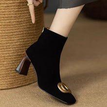 Load image into Gallery viewer, Women's Retro Chunky Heel Short Boots – Square Toe, Metal Buckle &amp; Side Zipper | Suede Upper
