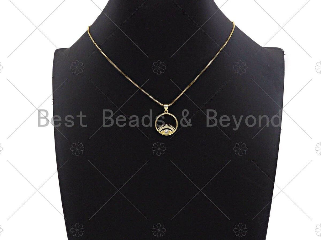 18k Dainty Gold Evil Eye With Long Eyelash On Round Ring Shape Charms, Dainty Charms,Round Ring Necklace Charms, 18x20mm, Sku#LK173