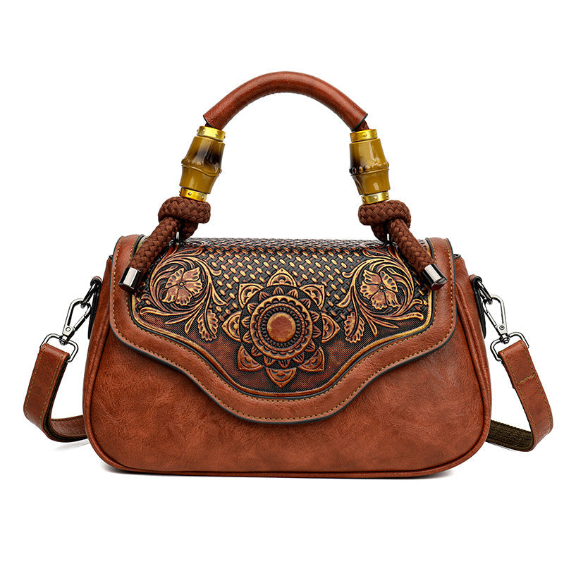 Handcrafted Leather-Embossed Retro Crossbody Bag - Floral Design Women's Shoulder Bag
