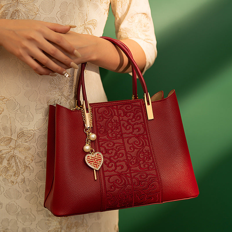 Red Embroidered Tote Bag - High Capacity PU Leather Shoulder Bag for Women