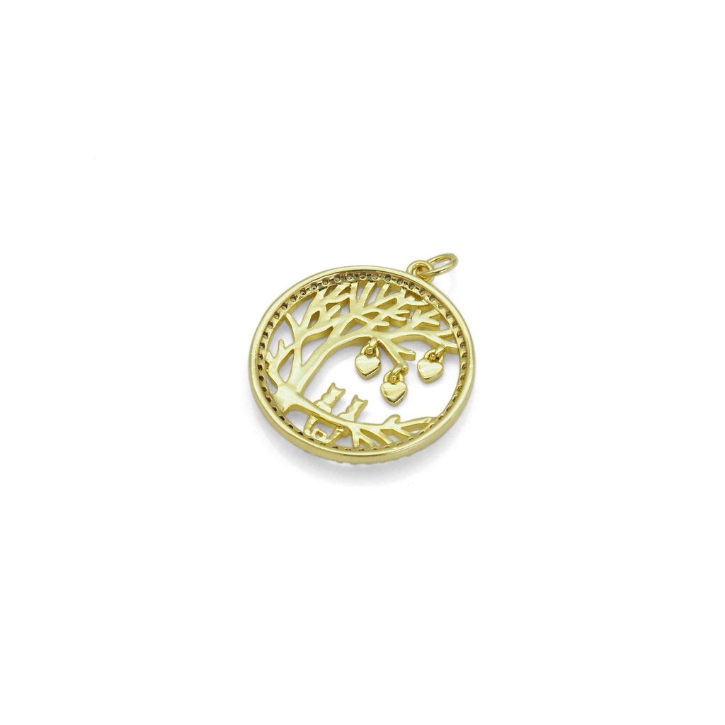Gold CZ Tree Kitty Heart On Round Circle Charm, Sku#LD422