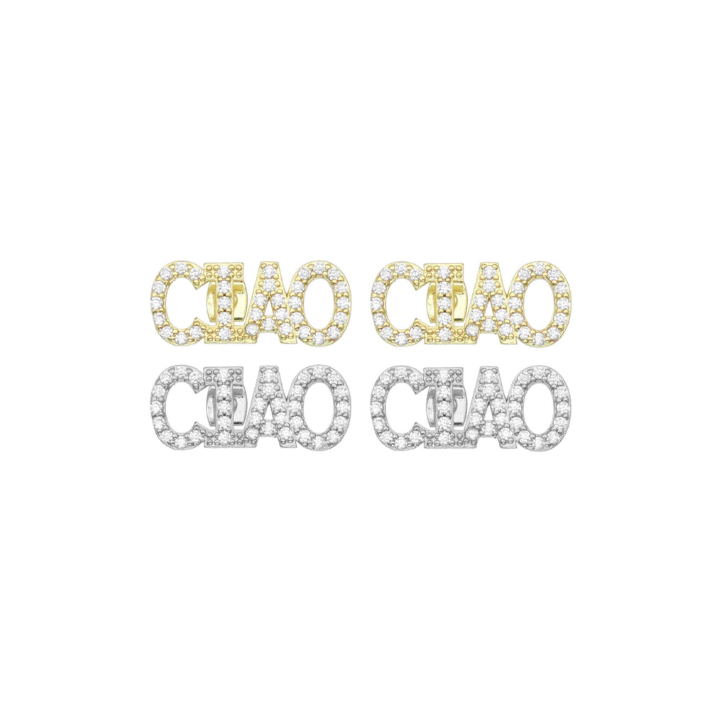 Clear CZ Ciao Word Stud Earrings, Sku#A355