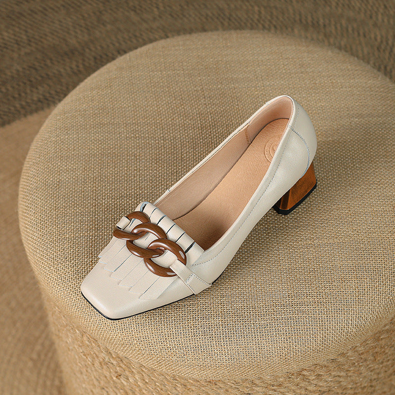 Fringed Chunky Heel Peep-Toe Leather Shoes with Chain Detail - Women's Mid Heel Slip-On Dress Shoes
