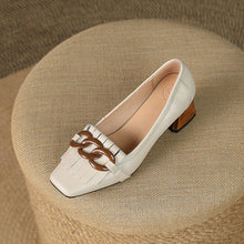Load image into Gallery viewer, Fringed Chunky Heel Peep-Toe Leather Shoes with Chain Detail - Women's Mid Heel Slip-On Dress Shoes