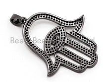 Load image into Gallery viewer, Black CZ Pave On Black Micro Pave Hamsa Hand With Evil Eye Charm, Fashion Jewelry Findings Pave Charm, Pave Dangle Charms,34x48mm, Sku#F377