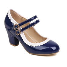 Load image into Gallery viewer, Women's Patent Leather Chunky Heel Mules – Candy Color Round Toe Buckle High Heels