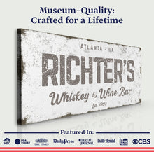Load image into Gallery viewer, Personalized Whiskey and Wine Bar Sign: Custom Bar Signs for Home Bar – Perfect Man Cave Wall Decor &amp; Ideal Gift for Wine Lovers