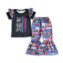 Load image into Gallery viewer, Black flag screen print girls bell bottom pants outfits