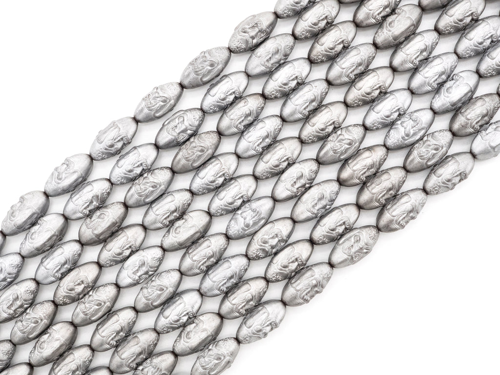 Natural Hematite Matt Silver Long Oval Beads, Old Man Head Carved, Oval Metallic Gemstone Beads, 8'' Full Strand, Sku#W52
